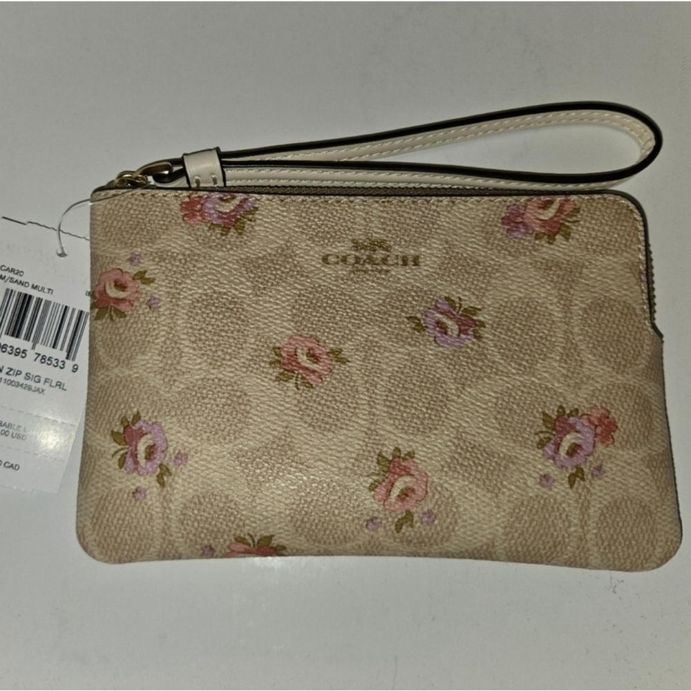 Coach Corner Zip Wristlet In Signature Canvas Floral Print Cream And Pink NWT - Picture 4 of 8